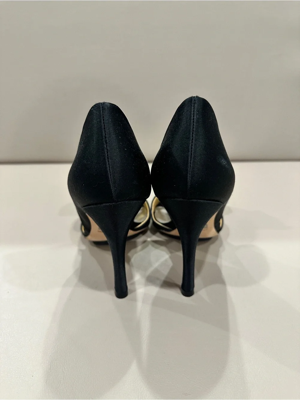 Badgley Mischka Black Satin Peep-Toe Pumps with Flower Accent - Picture 7 of 8